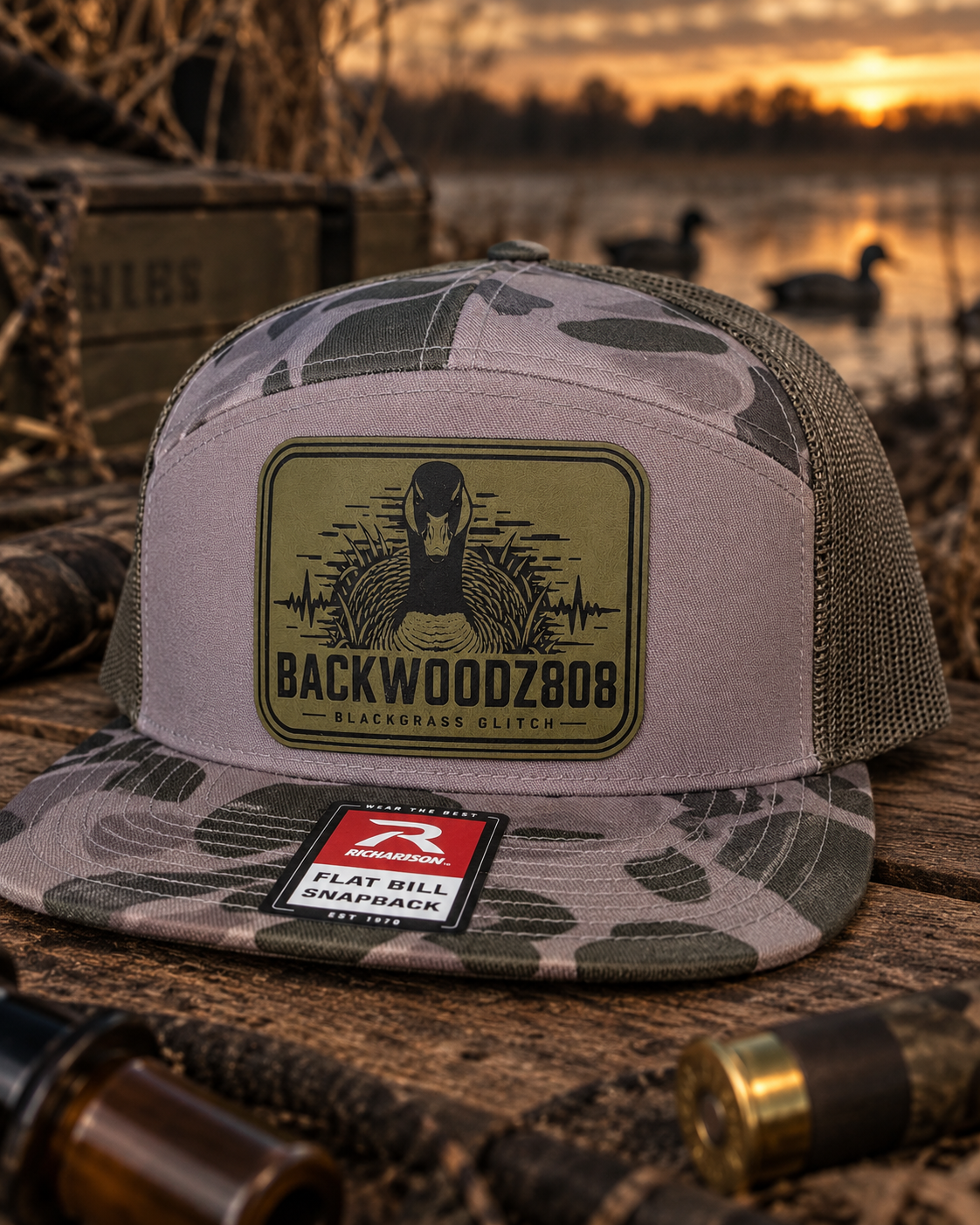 Goose Marsh – Backwoodz808 Laser-Engraved Patch Richardson Flat Bill Hat